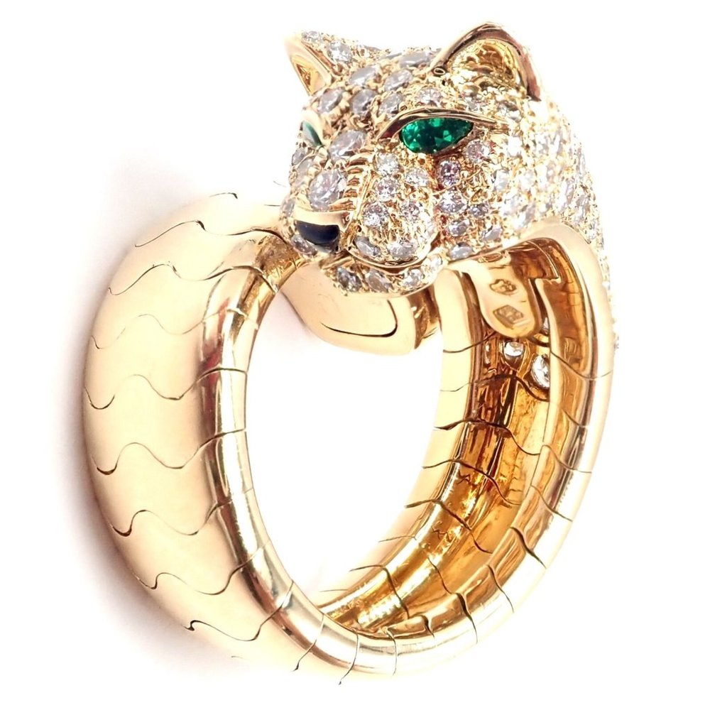 Authentic! Cartier Panther 18k Yellow Gold Diamond Emerald Onyx Band Ring - Picture 1 of 11